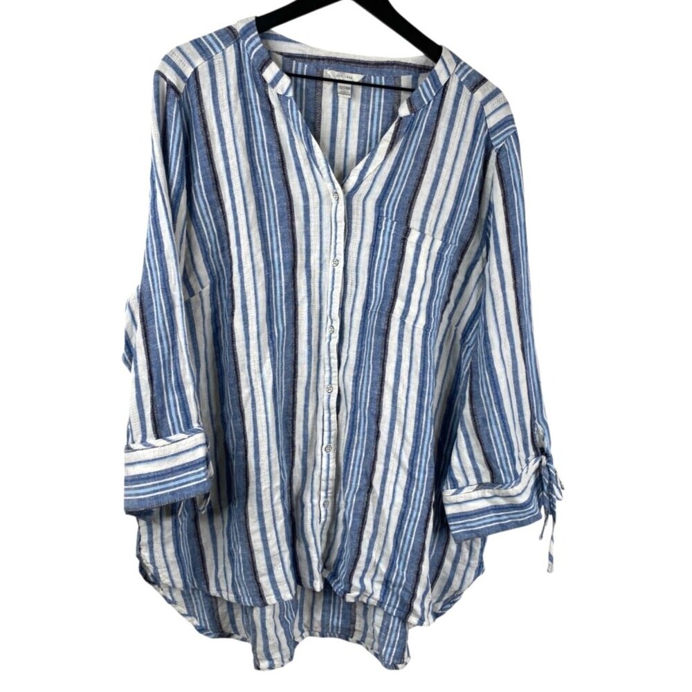 C Est 1946 Tunic Top Women Linen Blend Button Up Striped Blue 22/24 Coastal Boho